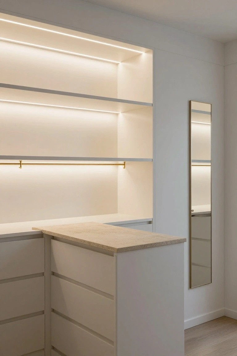 Modern walk-in closet with white shelves, LED lighting, and stone countertop.