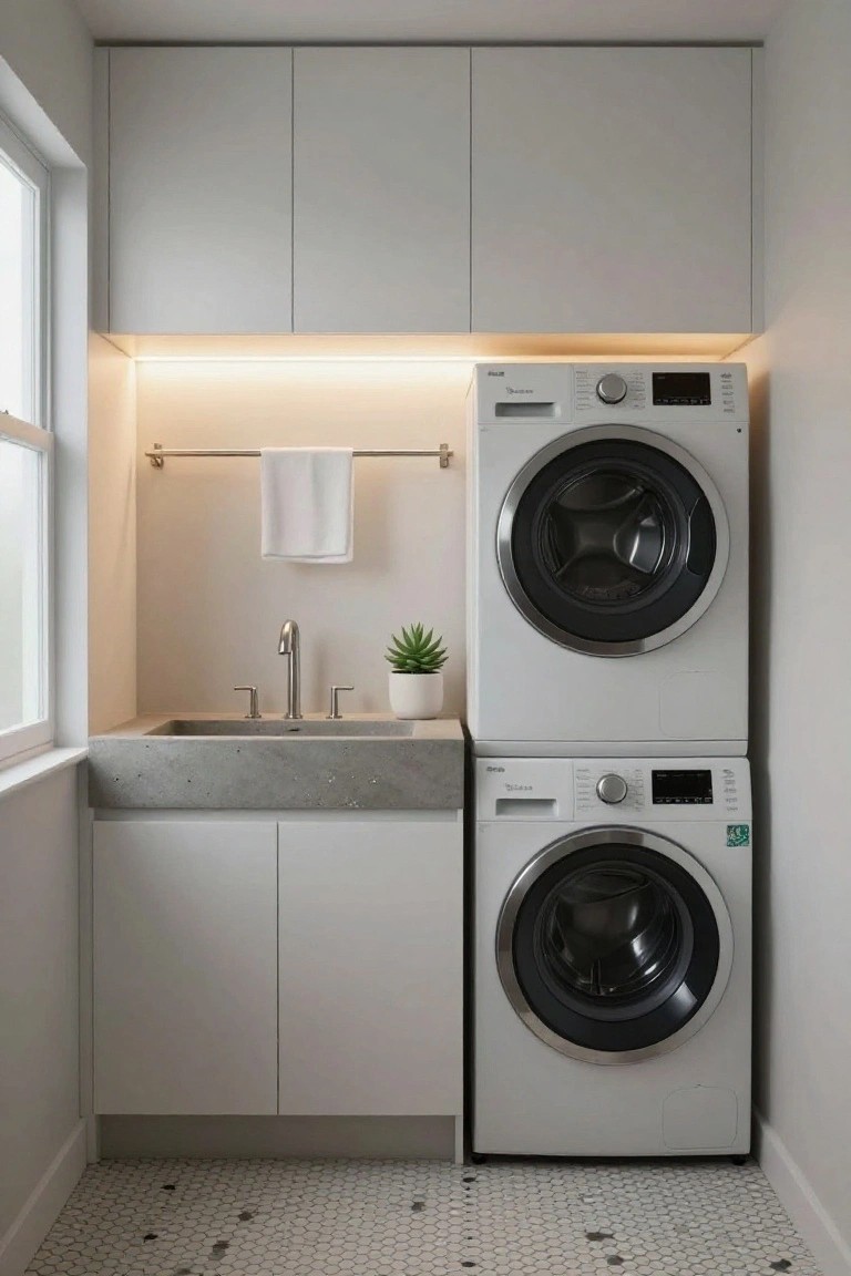 Compact indoor laundry room with stacked white washer and dryer, concrete sink, white cabinets, upper LED strip lighting, towel bar with white towel, potted plant, window, and hexagonal floor tiles.