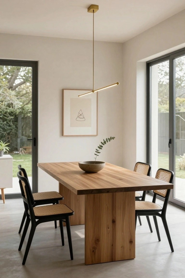 Modern dining room with oak table, black rattan chairs, white ceramic bowl with eucalyptus, linear gold pendant light overhead, sliding glass doors to garden, light walls and polished concrete floor.