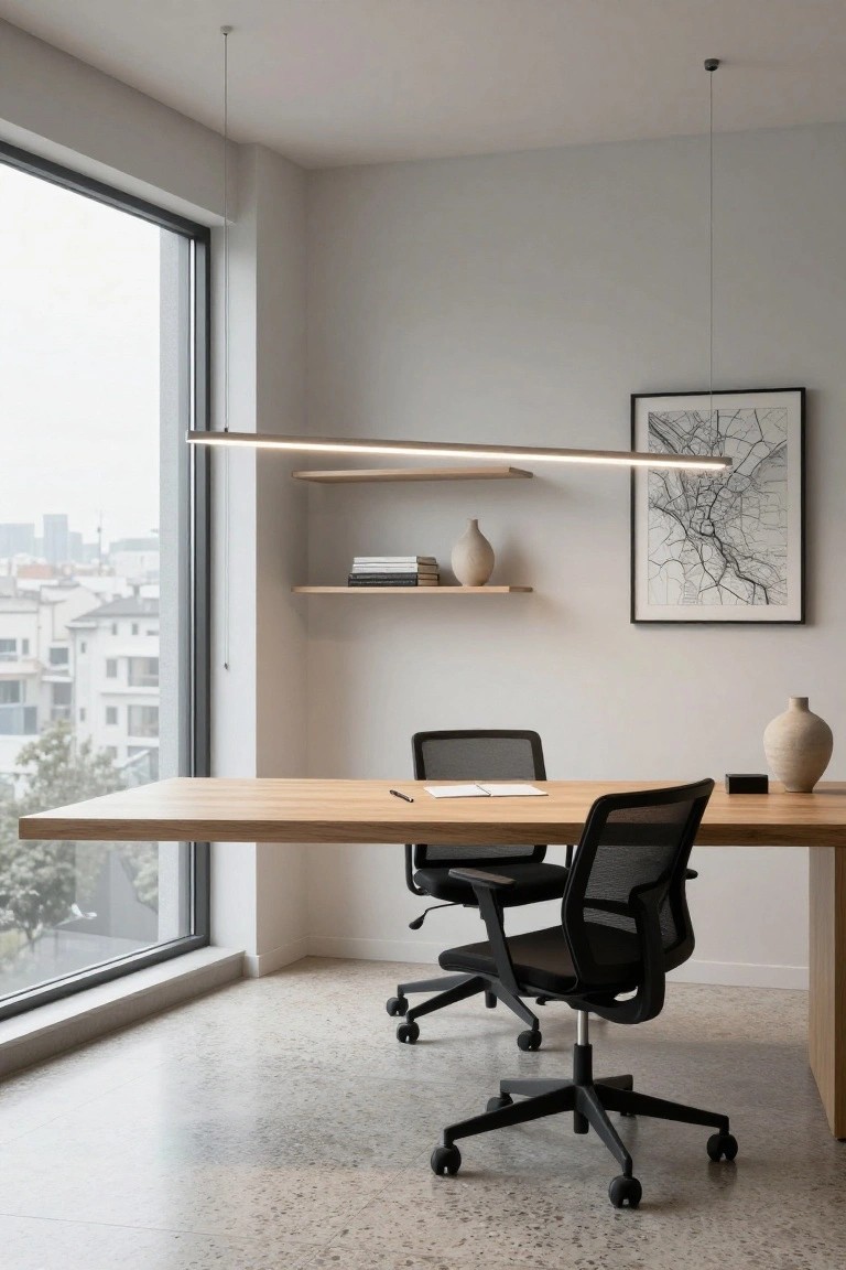 Minimalist home office with floating oak desk, two black mesh office chairs, long linear wooden LED pendant light, floating oak shelves holding books and ceramics, framed city map artwork, beige vase, and large corner window showing urban view.