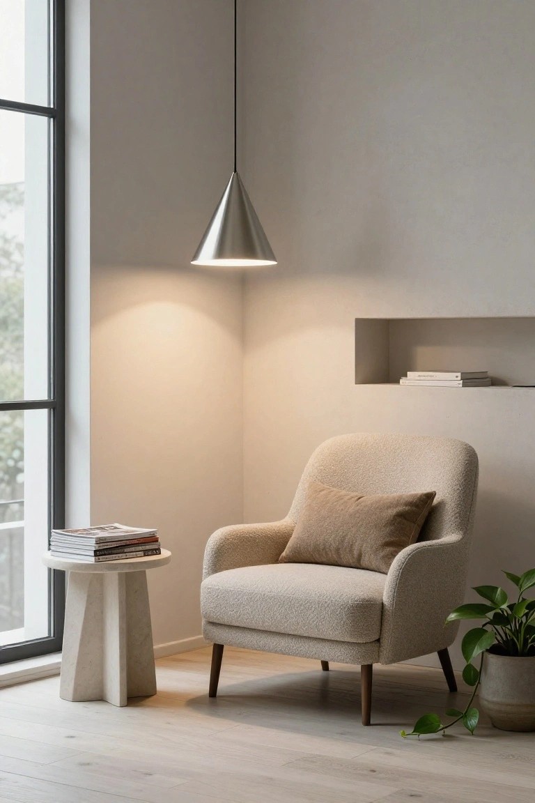 A cream bouclé armchair with beige pillow sits in a light neutral room corner next to a white travertine side table holding magazines, with a potted trailing plant, books in a wall niche, large window, wood floor, and metallic cone pendant light overhead.
