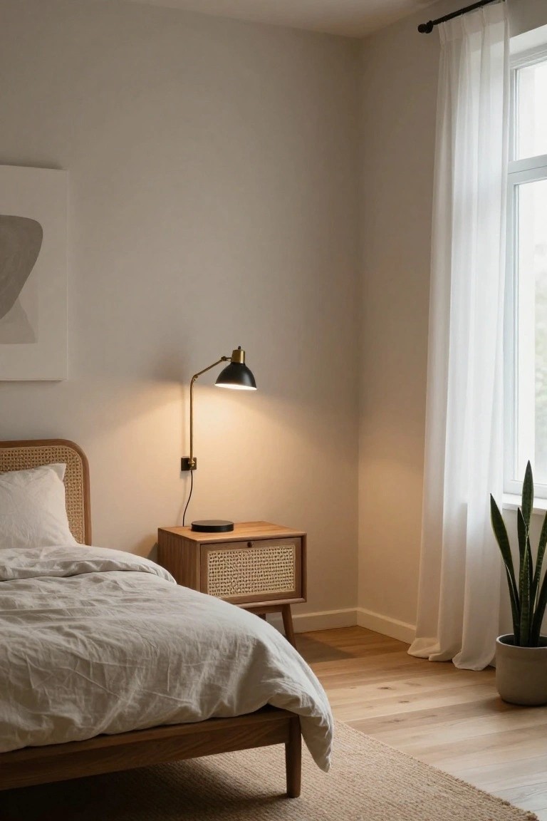 Corner view of a minimalist bedroom featuring a low wooden bed with rattan headboard and white linens, a matching nightstand, lit brass swing-arm wall sconce, sheer curtains on a large window, potted snake plant, and light wood floors.