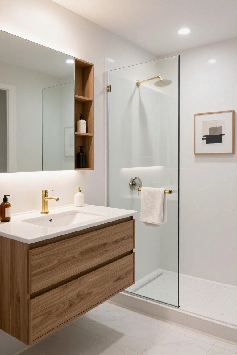 Modern bathroom with floating oak wood vanity, white sink, gold faucet, backlit mirror cabinet with niche shelf, glass shower enclosure, white tile floor and walls, recessed ceiling lights, and abstract wall art.