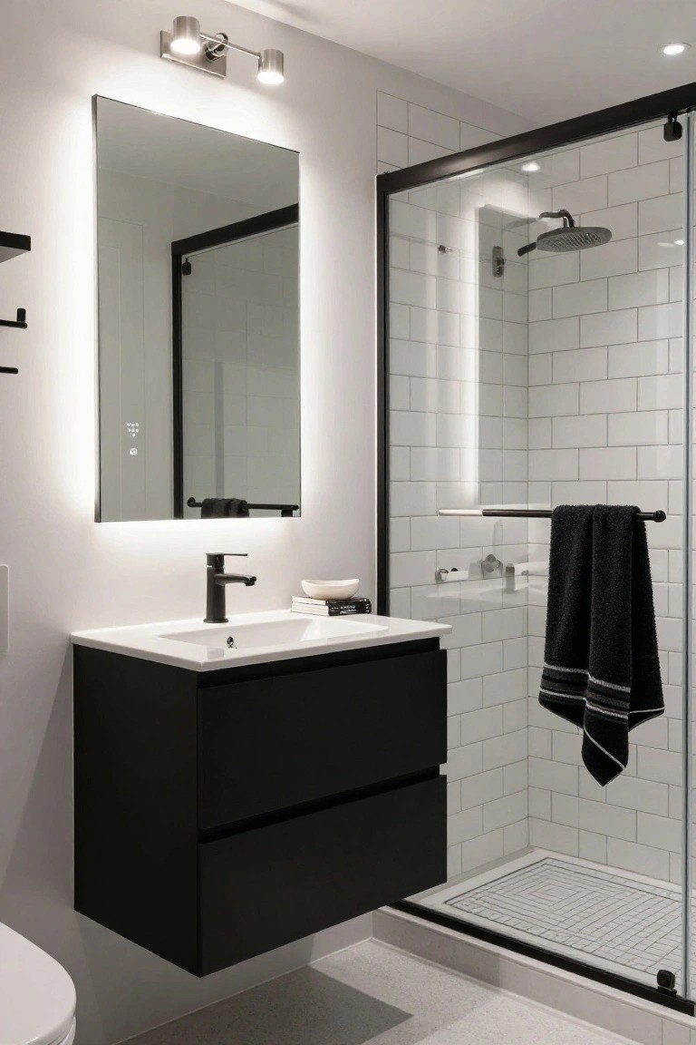 Modern bathroom with white subway tile walls, floating black double-drawer vanity, large rectangular backlit mirror, black-framed glass shower enclosure, wall-mounted black faucet, and white toilet on polished floor.