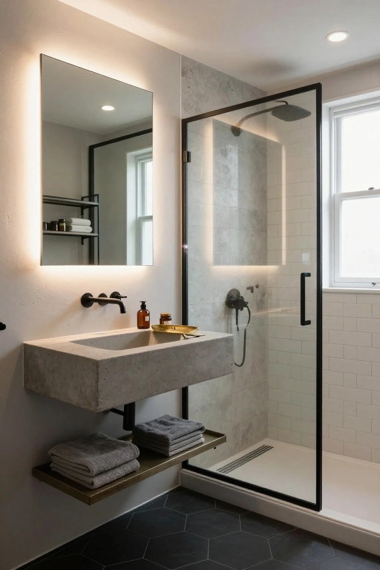 Modern bathroom with backlit rectangular mirror above floating concrete sink, black wall faucet, glass shower enclosure with rainfall showerhead, and black hexagonal floor tiles.