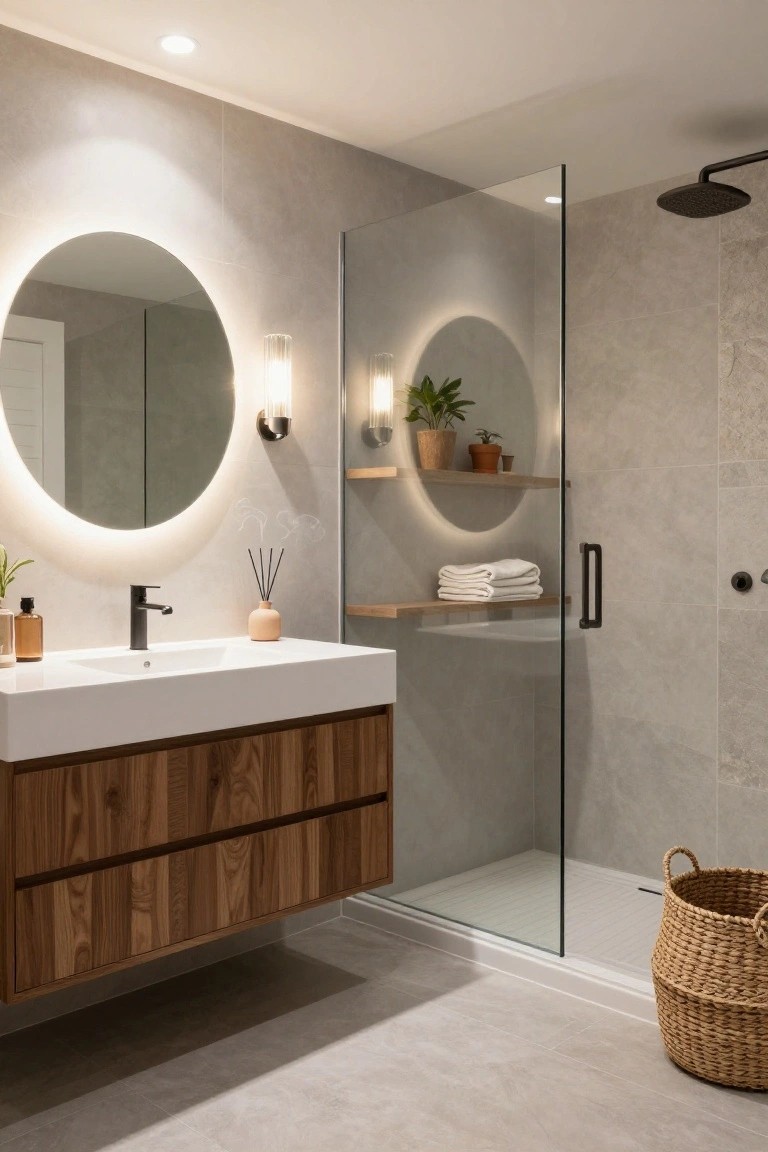 Modern bathroom with gray tile walls and floor, floating wooden vanity under round backlit mirror flanked by two glass sconces, glass shower enclosure, folded towels on wooden shelves, and potted plants.