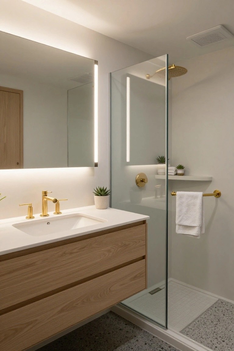 Modern bathroom with tall backlit rectangular mirror above oak vanity and white sink with gold faucet, adjacent glass shower enclosure with gold showerhead and towel bar on white walls.