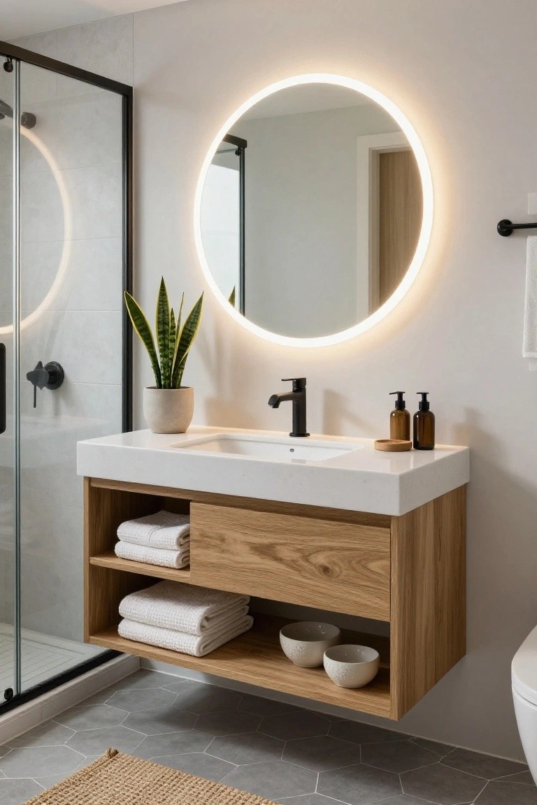 Modern bathroom with frameless glass shower, floating oak vanity under white quartz sink, round mirror with LED edge lighting, potted snake plant, stacked white towels and ceramic bowls in open shelves, and gray hexagonal floor tiles.