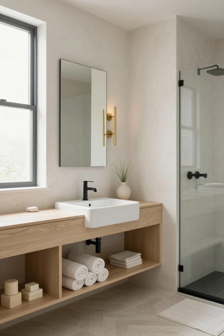Modern bathroom with floating oak vanity holding white sink and black faucet, gold sconces flanking black-framed mirror, glass shower enclosure, potted plant, folded towels, and neutral walls and floor.