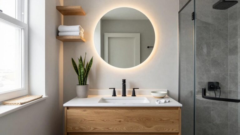 21 Modern Bathroom Lighting Ideas For A Bright Updated Look Modern bathroom with frameless glass shower, floating oak vanity under white quartz sink, round mirror with LED edge lighting, potted snake plant, stacked white towels and ceramic bowls in open shelves, and gray hexagonal floor tiles.