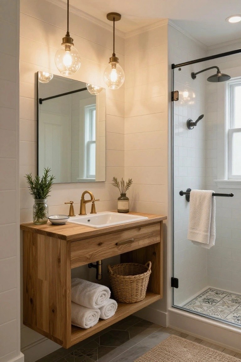 A bathroom interior with white subway tile walls, a floating wooden vanity and sink, two brass globe pendant lights hanging above, potted herbs on the counter, and a glass shower enclosure nearby.
