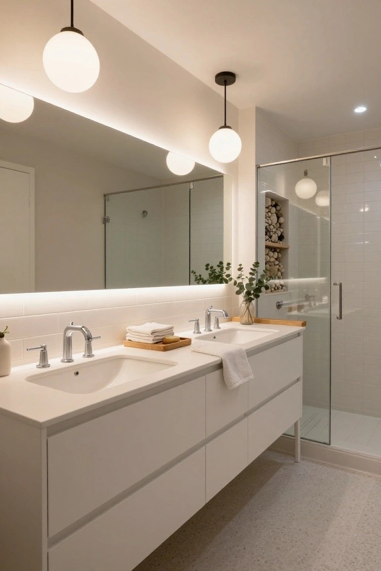 Modern white bathroom with floating double vanity, two undermount sinks, chrome faucets, backlit LED mirror with white subway tile backsplash, glass shower enclosure, wooden accents, plants, towels, and several suspended white globe pendant lights.