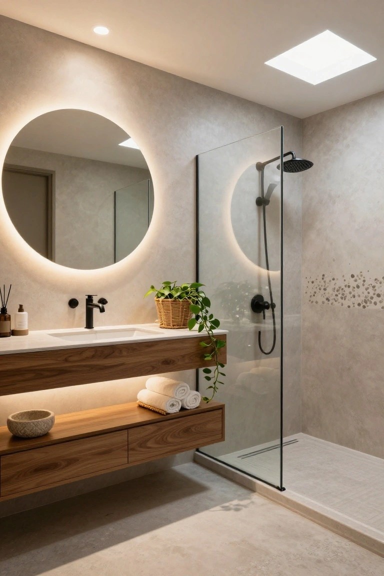 Modern bathroom interior with large round backlit mirror above floating wooden vanity with underlighting, black faucet, potted plants, glass shower enclosure, and neutral gray walls and tile floor.