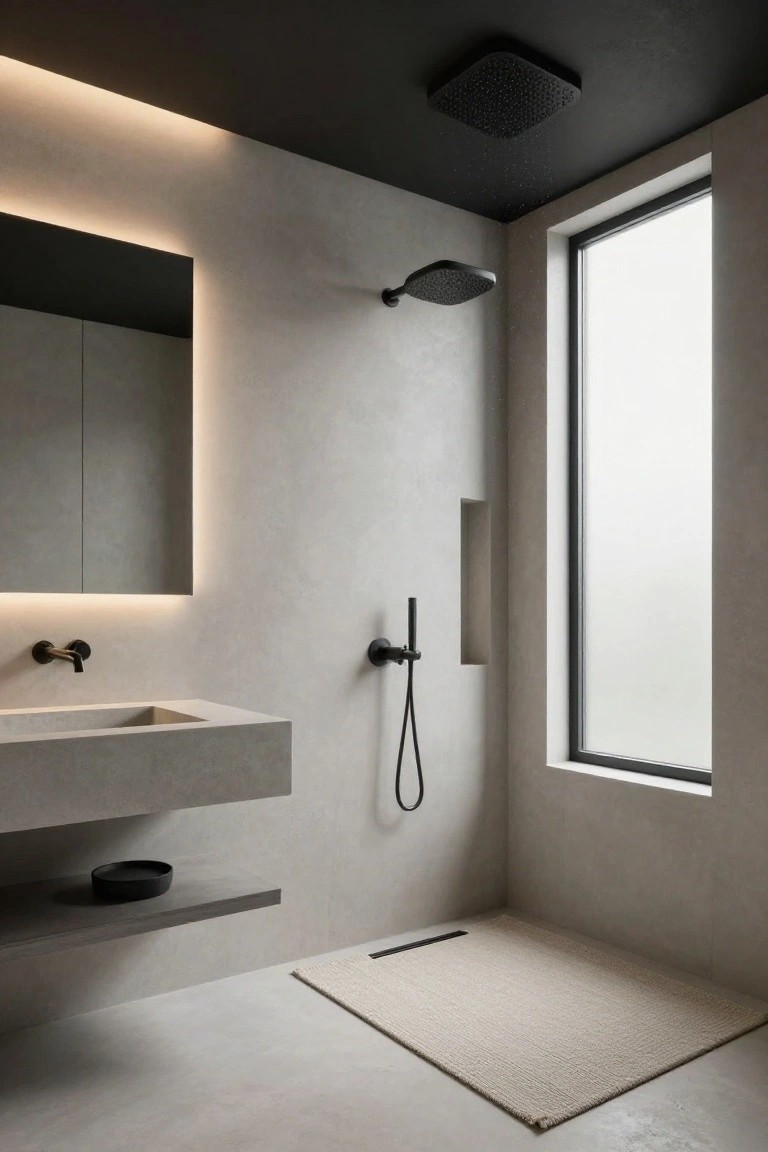 Modern minimalist bathroom with black ceiling, perimeter LED strip lighting, edge-lit rectangular mirror, matte black fixtures, concrete vanity and shelf, rain showerhead, and large frosted window.