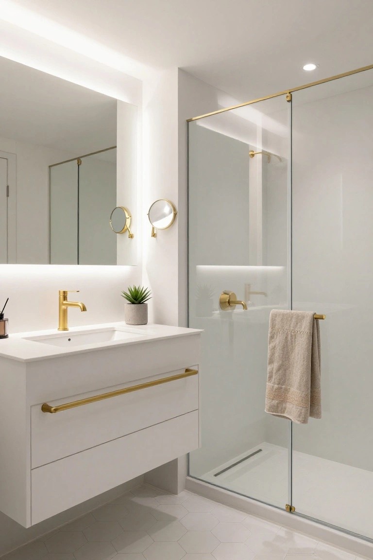 Modern bathroom with white floating vanity, gold faucet and fixtures, large backlit mirror with LED strips, two round gold wall sconces, glass shower enclosure, potted plant, and hexagonal floor tiles.