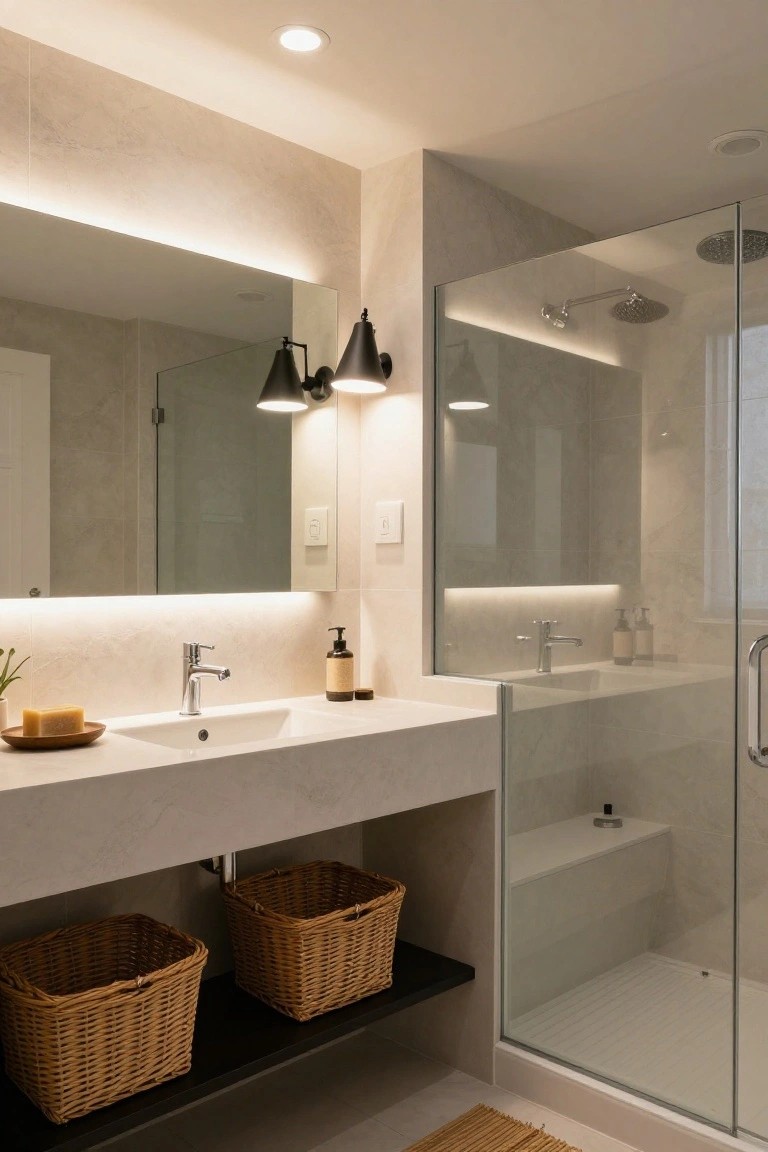 Modern bathroom with backlit rectangular mirror above white stone vanity sink, black wall sconces on beige tiled walls, glass shower enclosure, woven baskets on black shelf, and seagrass floor mat.
