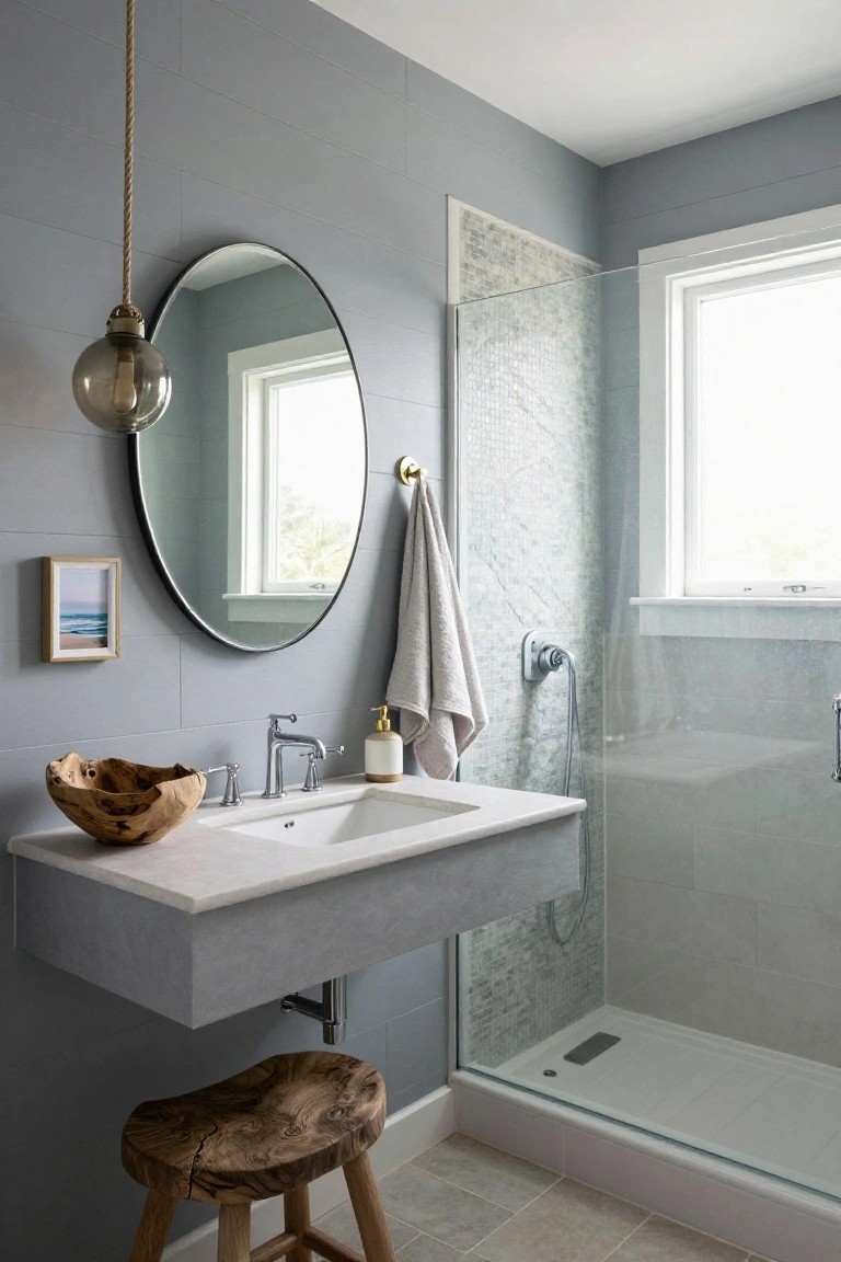 Contemporary bathroom with light gray tiled walls, floating white vanity holding wooden sink bowl, oval black-framed mirror, brass towel hook with linen towel, rope-suspended smoked glass pendant light, glass shower enclosure with subway tile accents, wooden stool, and small framed beach photo.