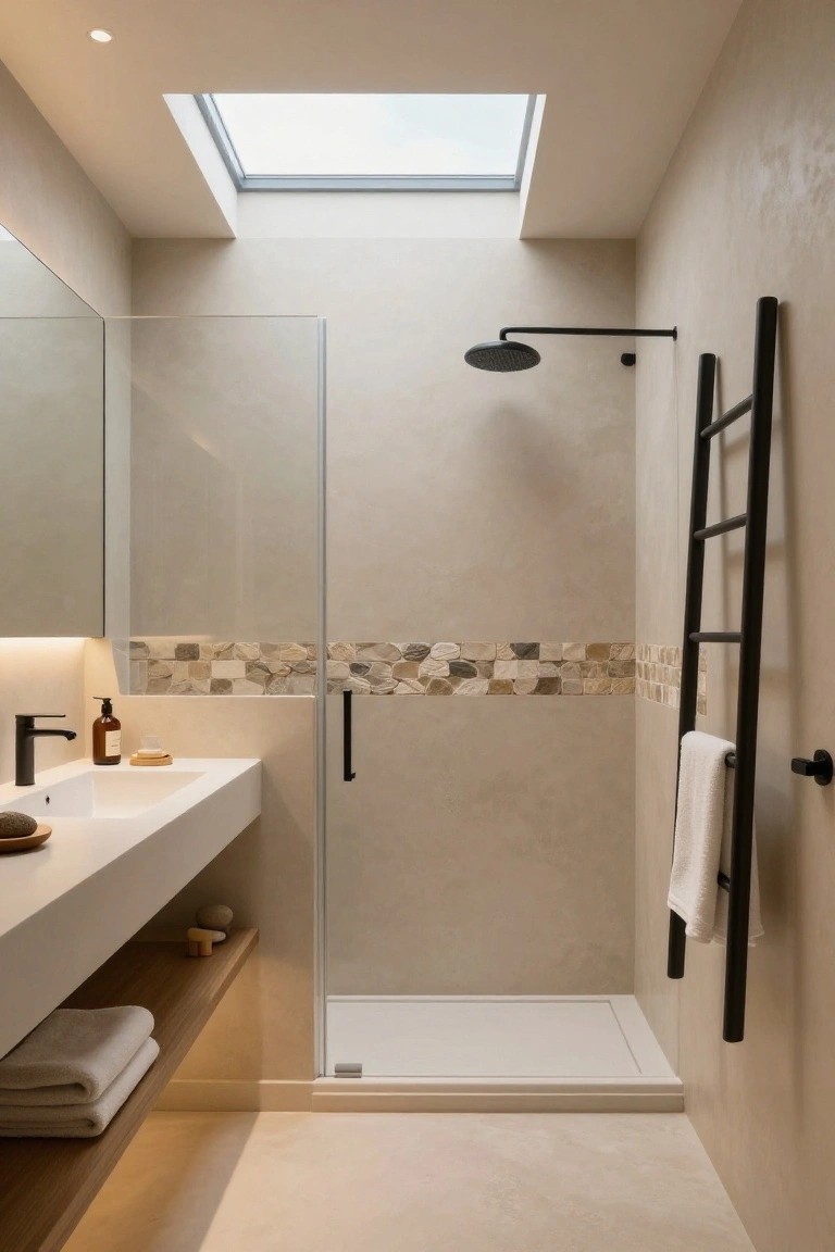 Modern bathroom with beige textured walls, glass-enclosed shower, white floating vanity, black towel ladder, wood shelf, skylight ceiling, and neutral tile floor.