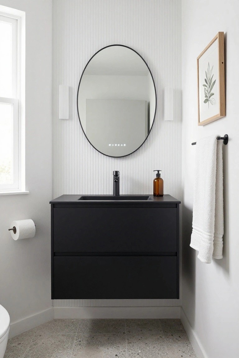 White shiplap-walled bathroom with floating black double-drawer vanity, integrated black sink, tall black faucet, large round black-framed mirror with LED dots, slim white wall sconces on both sides, amber soap dispenser, white towel on black bar, toilet paper holder, and white toilet in corner on light gray terrazzo tile floor.