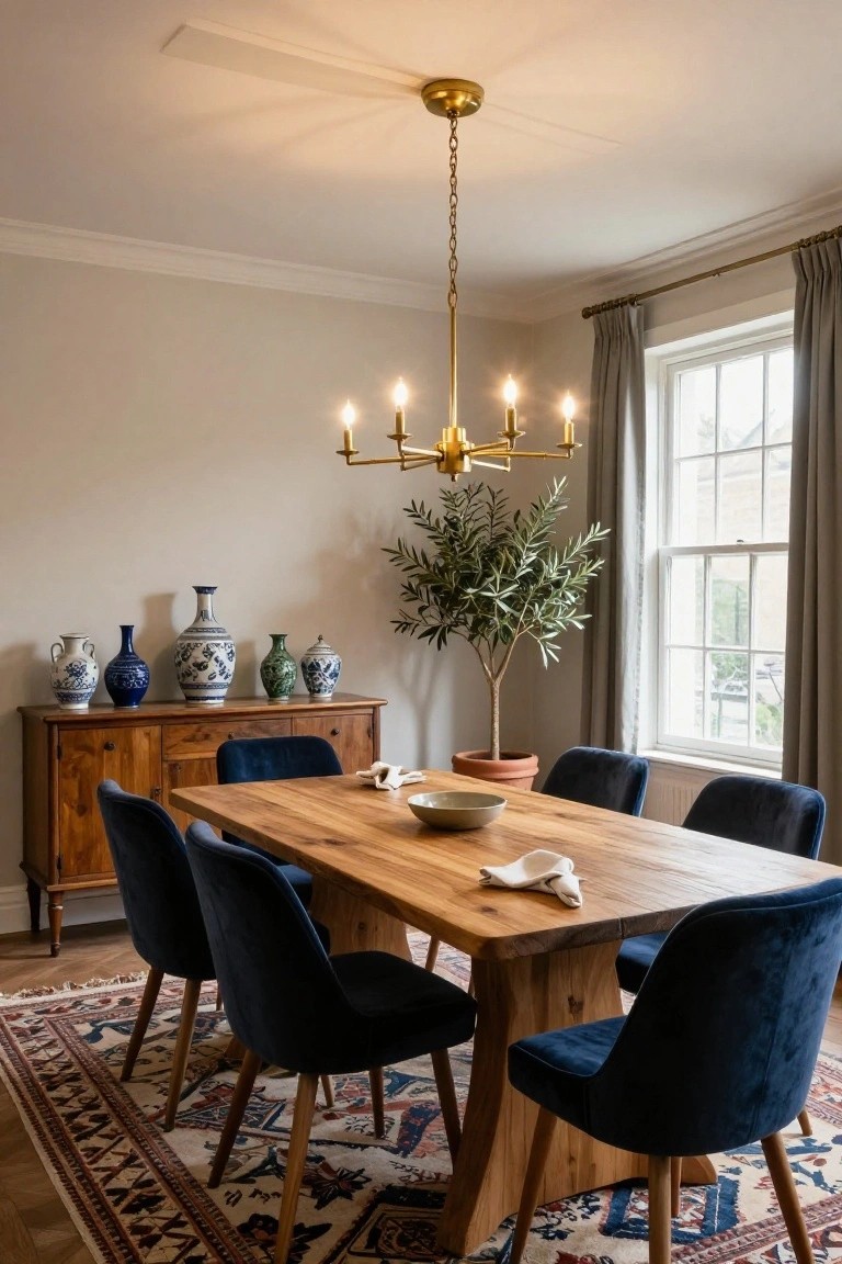 Dining room with a rectangular wooden table, navy velvet chairs, gold five-light chandelier overhead, credenza holding blue and white ceramic vases, potted olive tree by window with gray curtains, patterned rug on wood floor