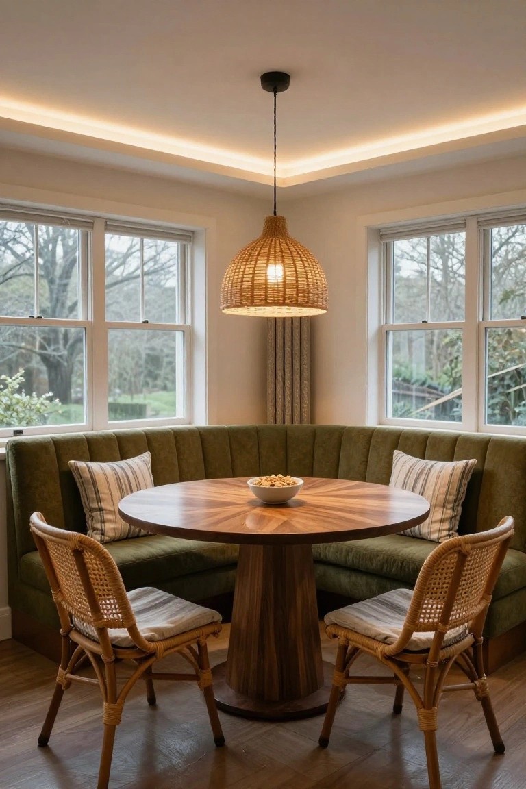 Green upholstered corner booth with round wooden table holding a white bowl, two rattan chairs with cushions, woven pendant lamp overhead, LED strip lighting in ceiling cove, and large windows showing trees and garden outside.