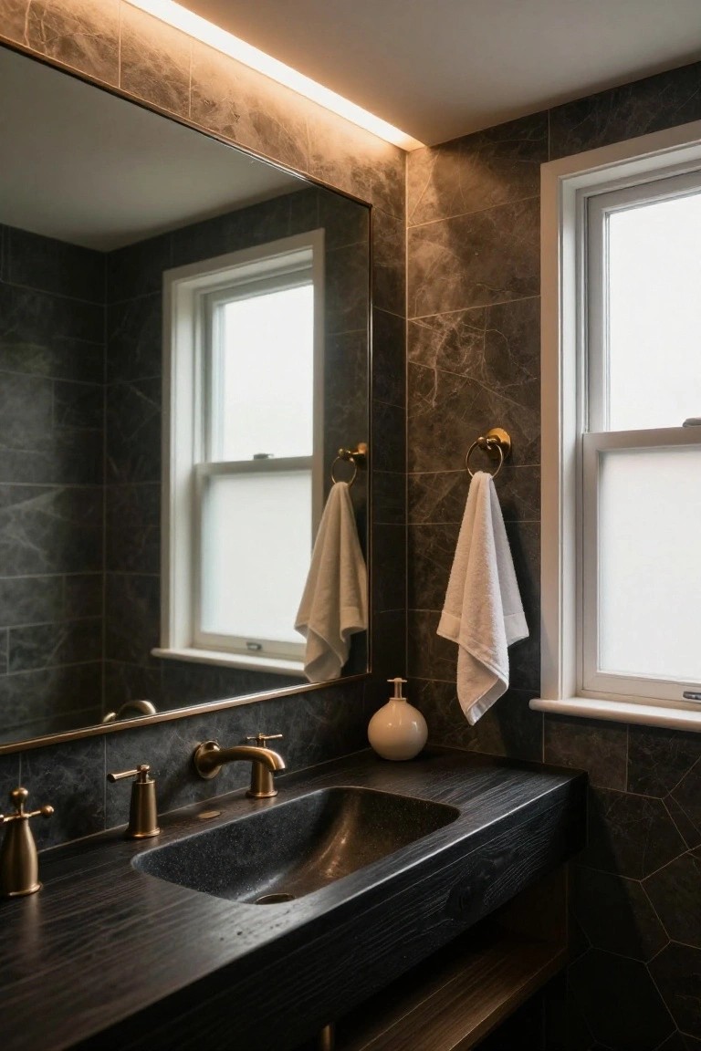 Modern bathroom vanity with black stone sink, gold faucet and handles, large framed mirror, white towels on gold hook, ceramic bottle, gray marble-look tiles, frosted window, and soft LED strip lighting along the ceiling edge above the mirror.