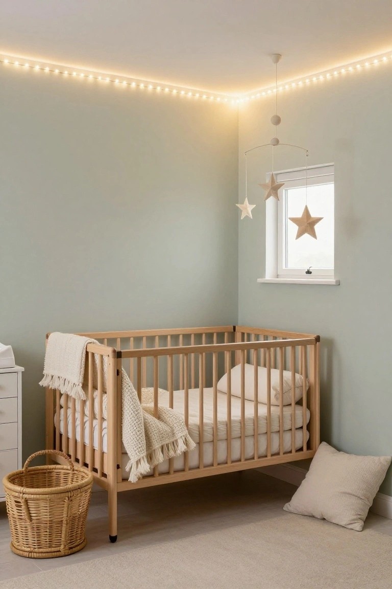 A nursery room with pale green walls, wooden crib beside a changing table, star mobile over a window, floor pillow, woven basket, and warm LED strip lights lining the ceiling perimeter.