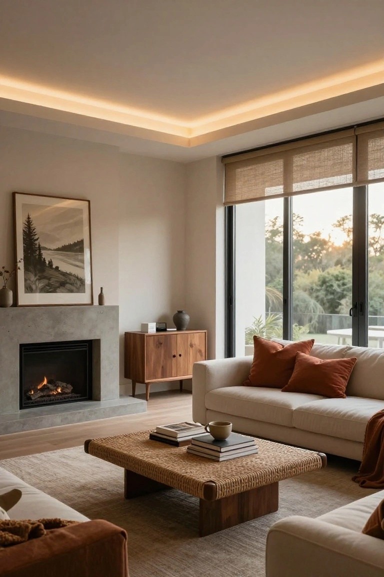 Modern living room interior with white sofa, rattan coffee table, gas fireplace on concrete surround, wooden credenza, large windows with bamboo shades, garden view, and soft yellow LED strip lighting recessed in ceiling perimeter.