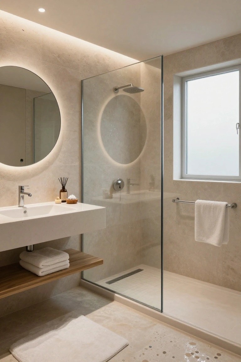 Modern bathroom with beige stone walls, round backlit mirror, floating white sink with wooden shelf below, glass shower enclosure, towel bar, and thin LED strip lighting along the ceiling perimeter.