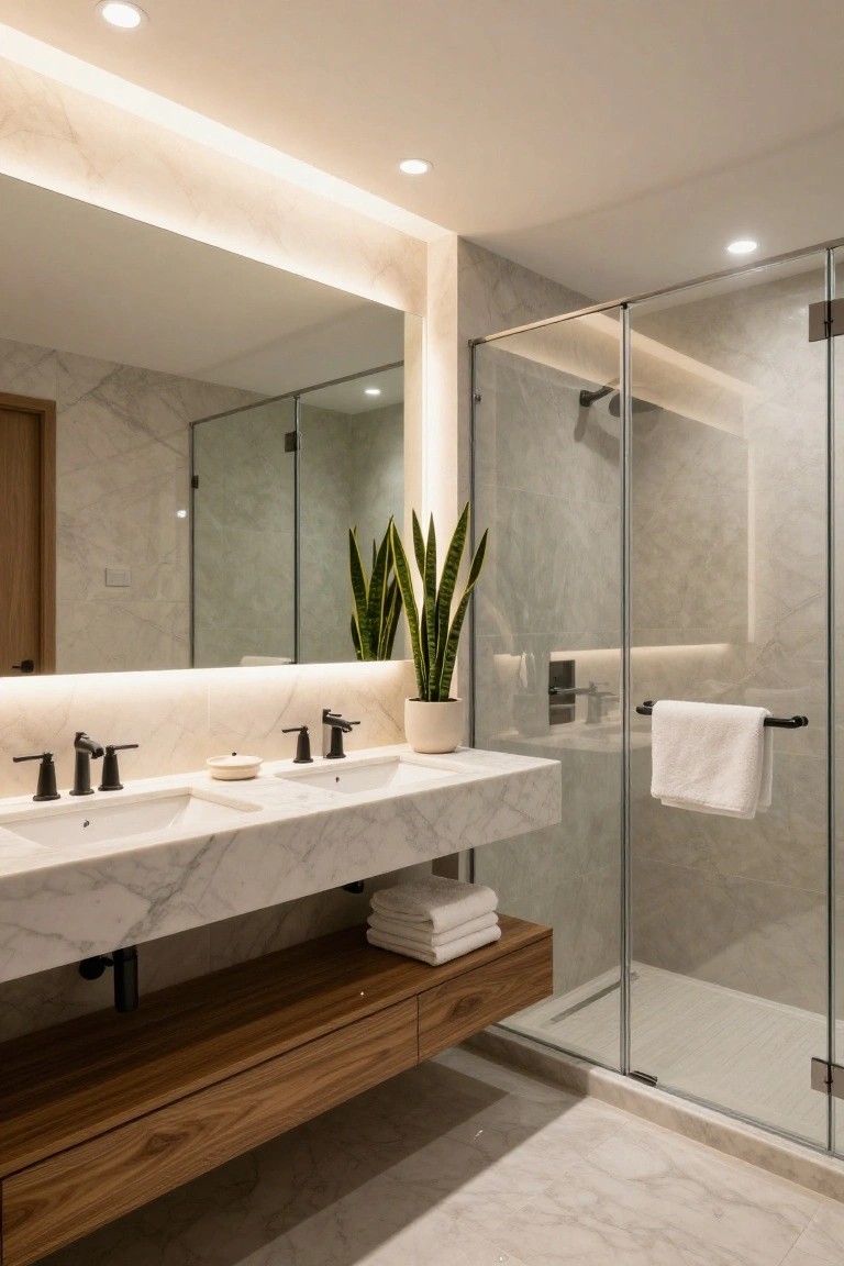 Modern bathroom interior with floating white marble double vanity, black faucets, wooden shelf with towels, glass shower enclosure, potted snake plant, and LED strip lighting along the ceiling perimeter and mirror surround.