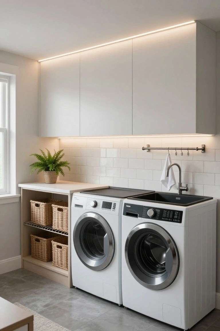 Modern laundry room with two white front-loading washer-dryer pairs, black utility sink, white cabinets with LED strip lighting along the ceiling edge and cabinet tops, subway tile backsplash, wicker baskets under a folding counter, and a potted fern plant.