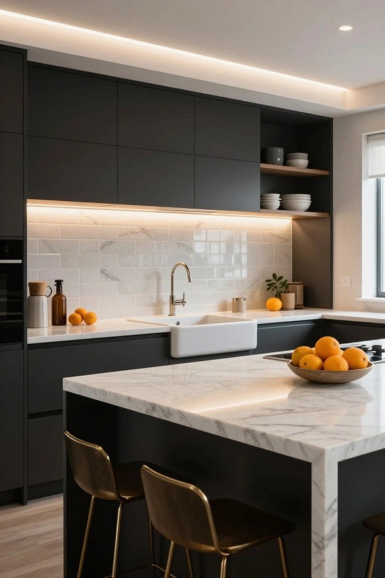Modern kitchen interior with black cabinets, white marble island and counters, subway tile backsplash, white farmhouse sink, gold bar stools, and thin LED strip lighting along the ceiling perimeter.