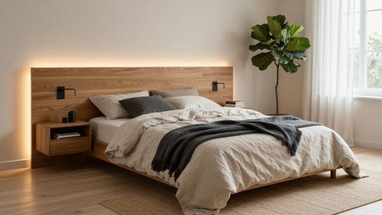 Modern bedroom interior with oak wood bed frame featuring warm LED strip lighting under the platform and behind the headboard, white linen bedding with gray throw, nightstand, fiddle leaf fig plant, sheer curtains on window, and light oak floors with beige rug.