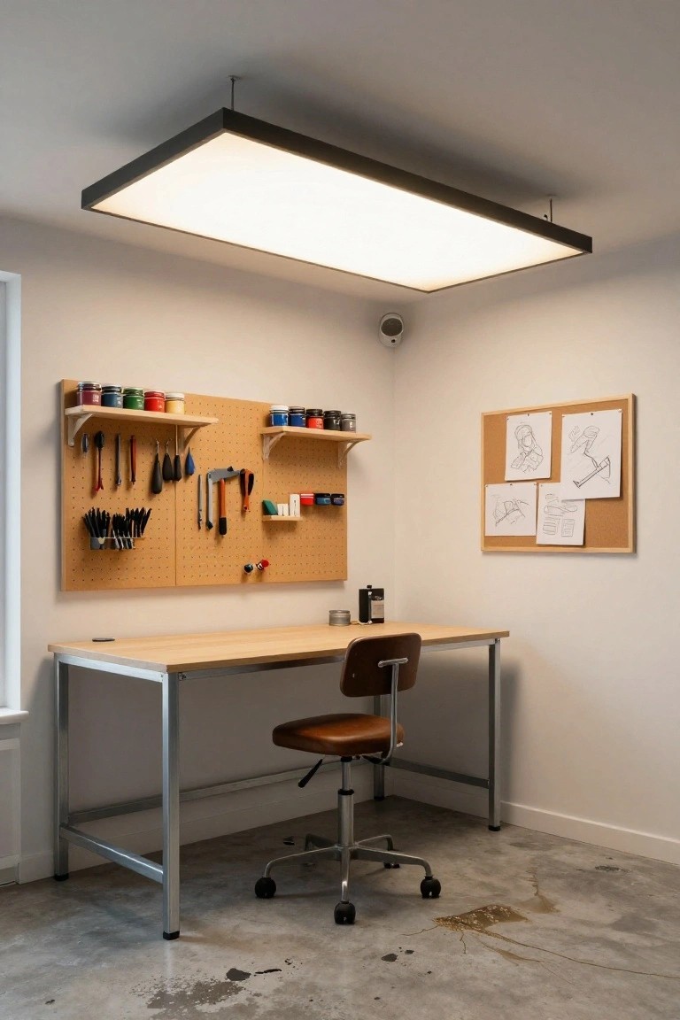 Interior view of a modern home workspace featuring a large rectangular flush-mount white LED ceiling light, wooden desk with metal legs, leather chair, dual pegboards holding tools and paint cans, corkboard with sketches, and polished concrete floor with stains.
