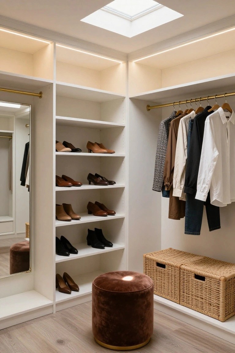 White walk-in closet with built-in shelving and hanging rods for clothes and shoes, full-length mirror, velvet ottoman, wicker baskets, light wood floor, skylight, and thin LED strip lights along the ceiling edges.