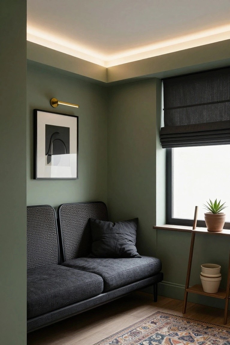 Corner of an interior room with sage green walls, white ceiling featuring LED strip lighting along the edges, black roman shades on a window, abstract black and white framed artwork, two black woven chairs with cushions on a low black sofa, potted plants on a wooden shelf by the window, and a patterned rug on wood floors.