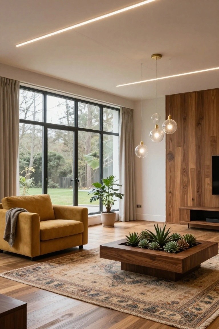 Modern living room interior featuring recessed linear LED strip lights in the ceiling, wooden accent wall with TV, orange armchair, potted plants, low wooden coffee table with succulents, and large windows with sheer curtains overlooking a garden.