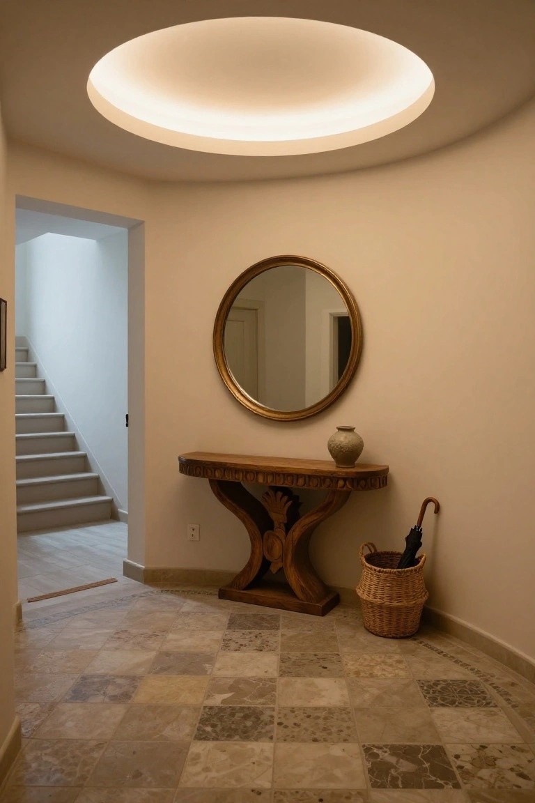 Curved beige interior room with round recessed ceiling edged in soft white LED strip lighting, gold-framed round mirror above wooden console table with vase, umbrella stand nearby, and open door to light gray stairs on travertine tile floor.