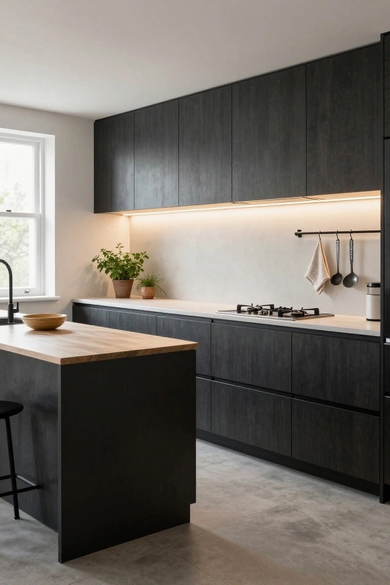 Modern kitchen with black wood cabinets extending to the ceiling, white backsplash and countertops, butcher block island topped with a wooden bowl, black stools, potted plants, utensils hanging on a rail, and soft LED strip lighting under the upper cabinets.
