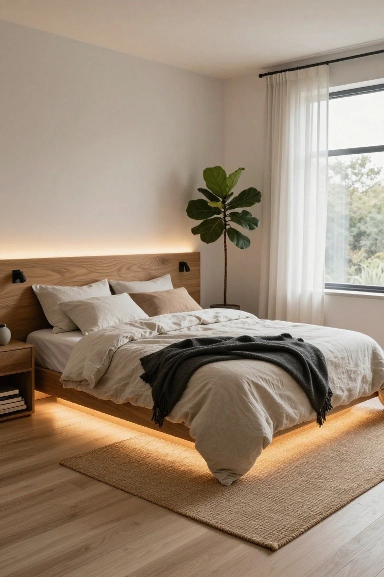 Modern bedroom interior with oak wood bed frame featuring warm LED strip lighting under the platform and behind the headboard, white linen bedding with gray throw, nightstand, fiddle leaf fig plant, sheer curtains on window, and light oak floors with beige rug.