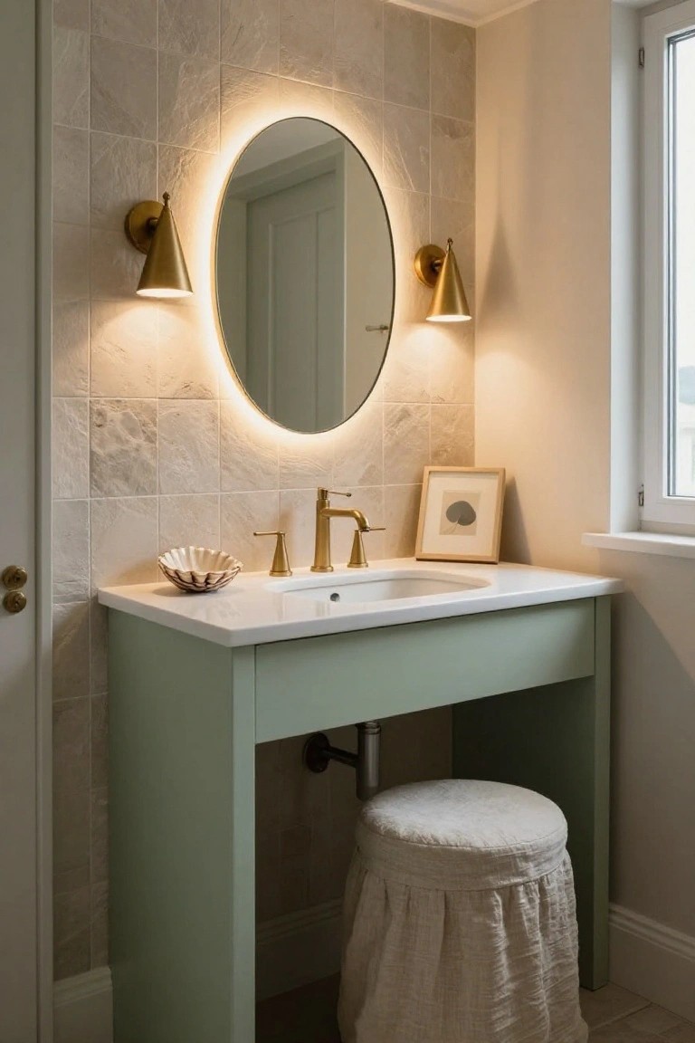 Bathroom vanity setup featuring a large oval mirror with edge backlighting flanked by two gold cone wall sconces, a white undermount sink on a mint green cabinet, a seashell dish, and a skirted white stool.