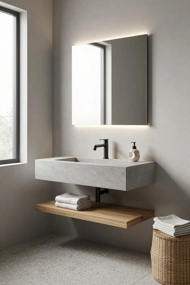 Modern bathroom corner with floating gray concrete sink, black faucet, backlit rectangular mirror, wooden shelf holding folded towels below sink, soap dispenser, and woven basket with towels on terrazzo tile floor.
