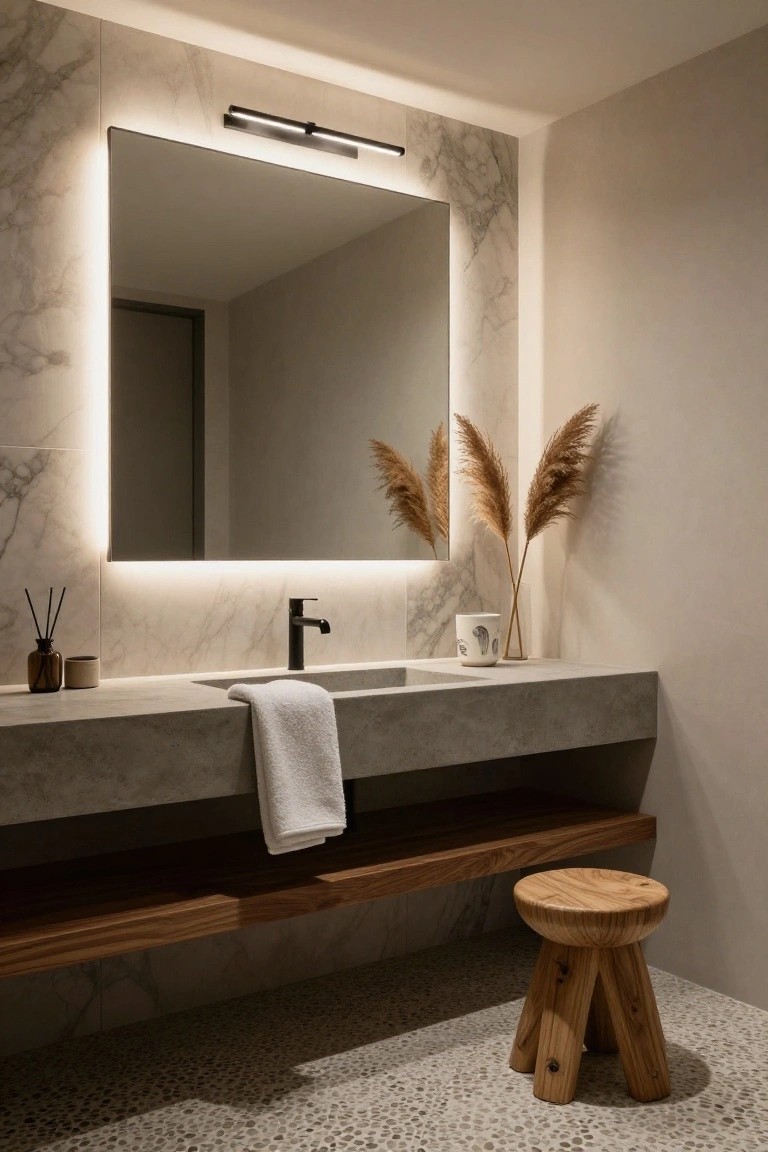 Modern bathroom with large rectangular frameless mirror featuring backlit edges above a concrete vanity sink, black faucet, folded towel, pampas grass in vase, reed diffuser, wooden shelf, stool, marble tile wall, and pebble floor.