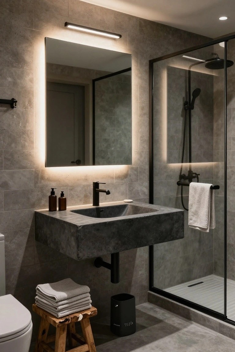 Modern bathroom featuring gray stone-look tiles, a floating black sink with wall-mounted faucet, backlit rectangular mirror, black-framed glass shower enclosure, white toilet, stacked towels on a wooden stool, and black trash bin.