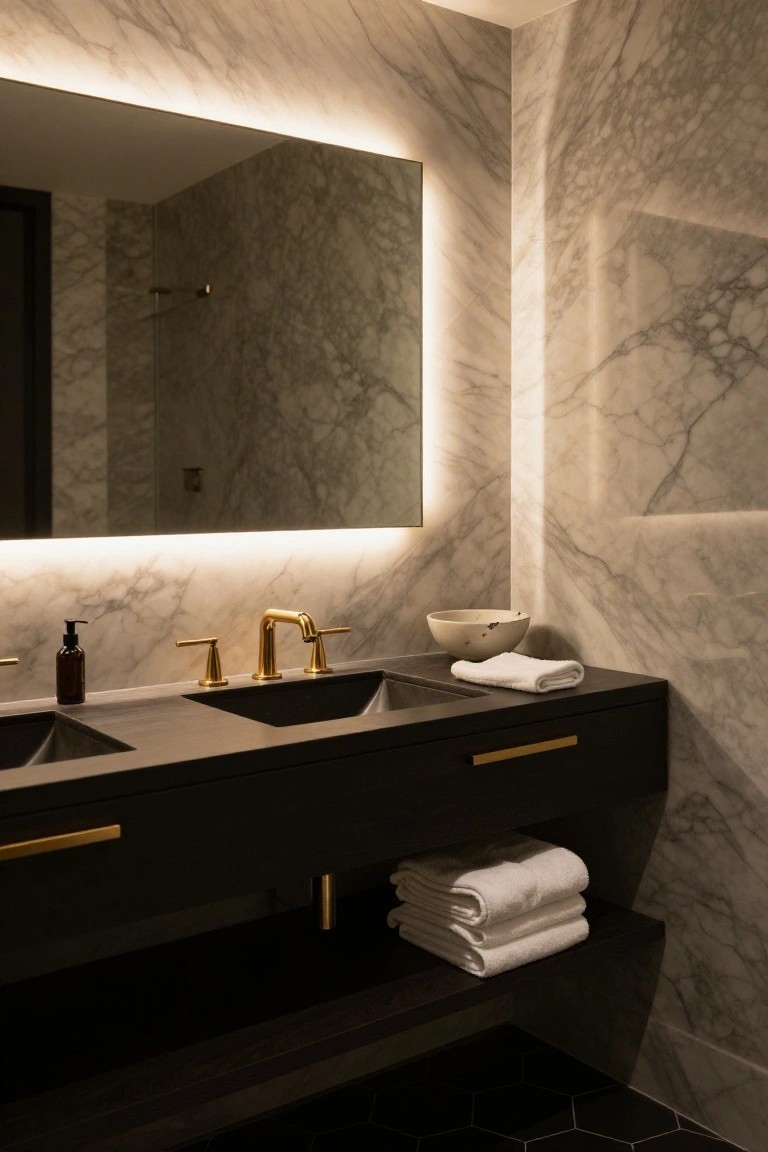 Modern bathroom with large rectangular mirror featuring LED backlighting along the edges above a black double vanity with gold faucets, white marble walls, and black hexagonal floor tiles.