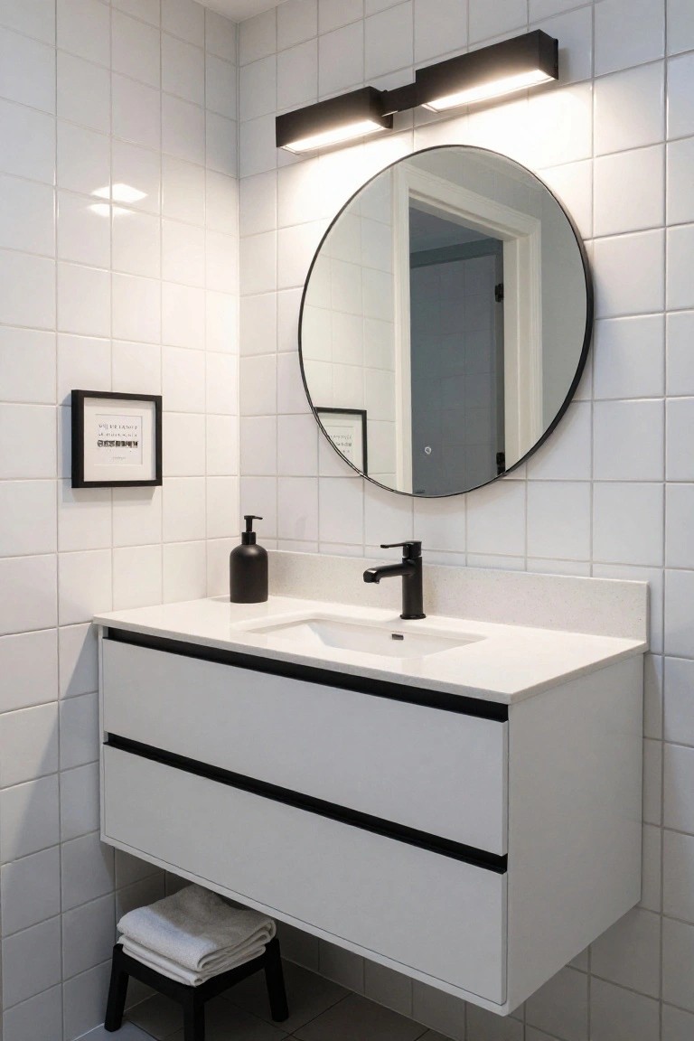 Modern bathroom with white subway tile walls, round black-framed mirror, floating white vanity with black faucet and soap dispenser, black wall-mounted light fixture above the mirror, and black stool with folded towels underneath.