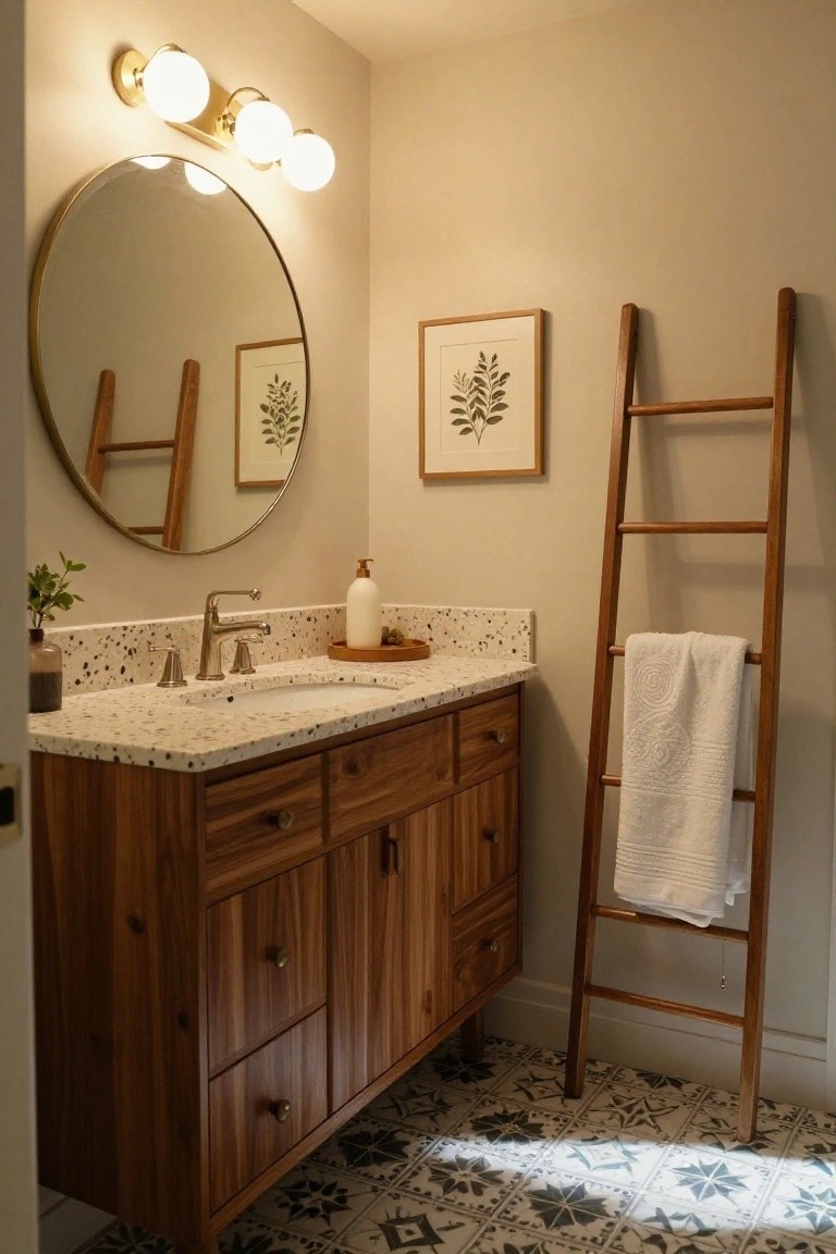 Modern bathroom with wood vanity, round mirror, wooden ladder, and patterned tile floor.