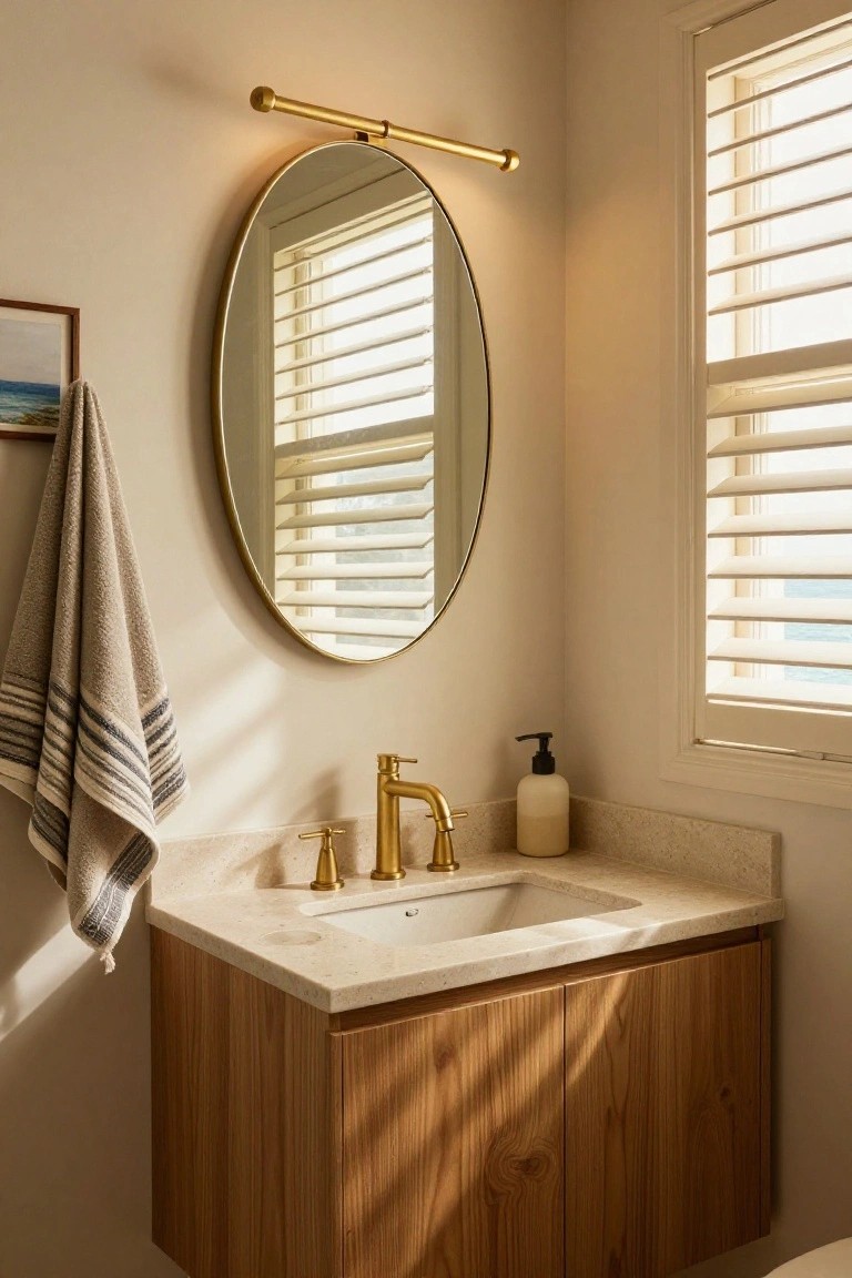 Bathroom corner with floating wood vanity cabinet, white sink, gold faucet and handles, oval gold-framed mirror, horizontal brass wall sconce above mirror, hanging towel, soap dispenser, and window with white shutters.