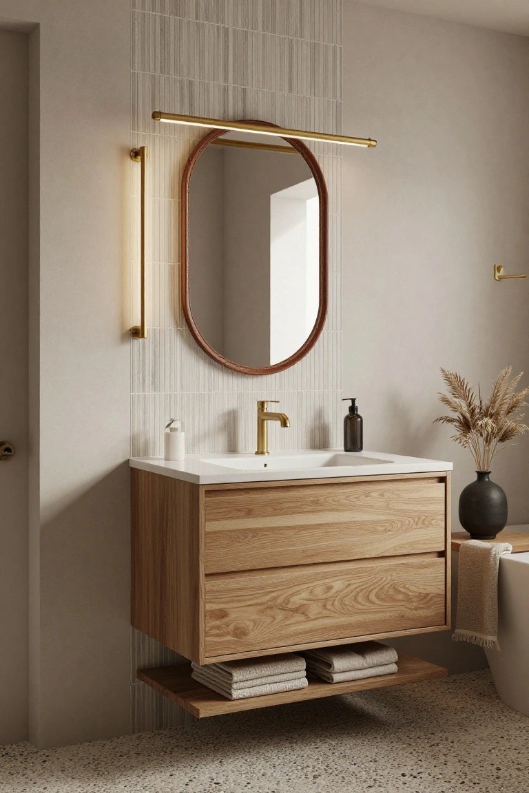 Bathroom interior featuring a floating oak vanity with white sink and gold faucet, oval wood-framed mirror lit by a curved brass light bar above, vertical white tile wall, and black vase with pampas grass nearby.