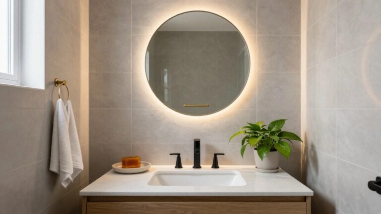 Bathroom with gray subway tile walls, round black mirror, gold-ended horizontal LED light bar and towel ring above black matte faucet on white floating quartz vanity with oak shelf below, small plant, and folded towels.